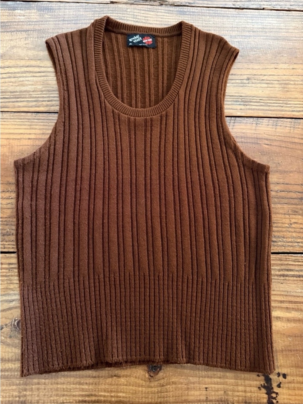 Vintage 90s Wool Rust Brown Ribbed Sweater Vest XL Grunge Minimalist Boho Knit